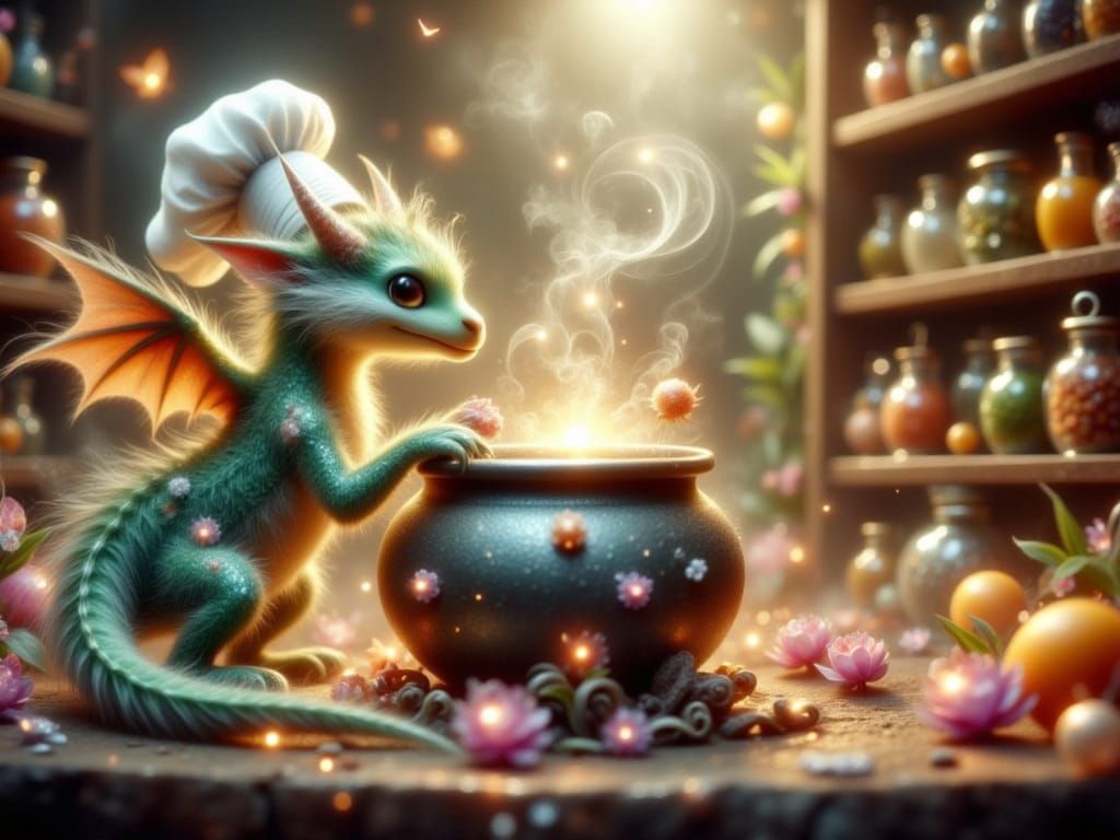 Dragon Chef Stirring Cauldron: Storybook Illustration