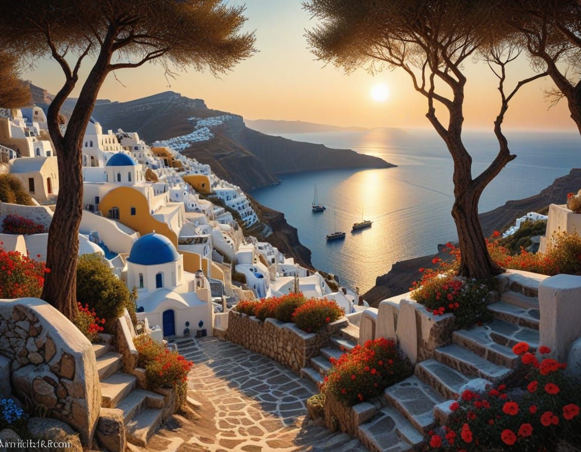 Santorini Coastal Village in Whimsical, Intricately Detailed...