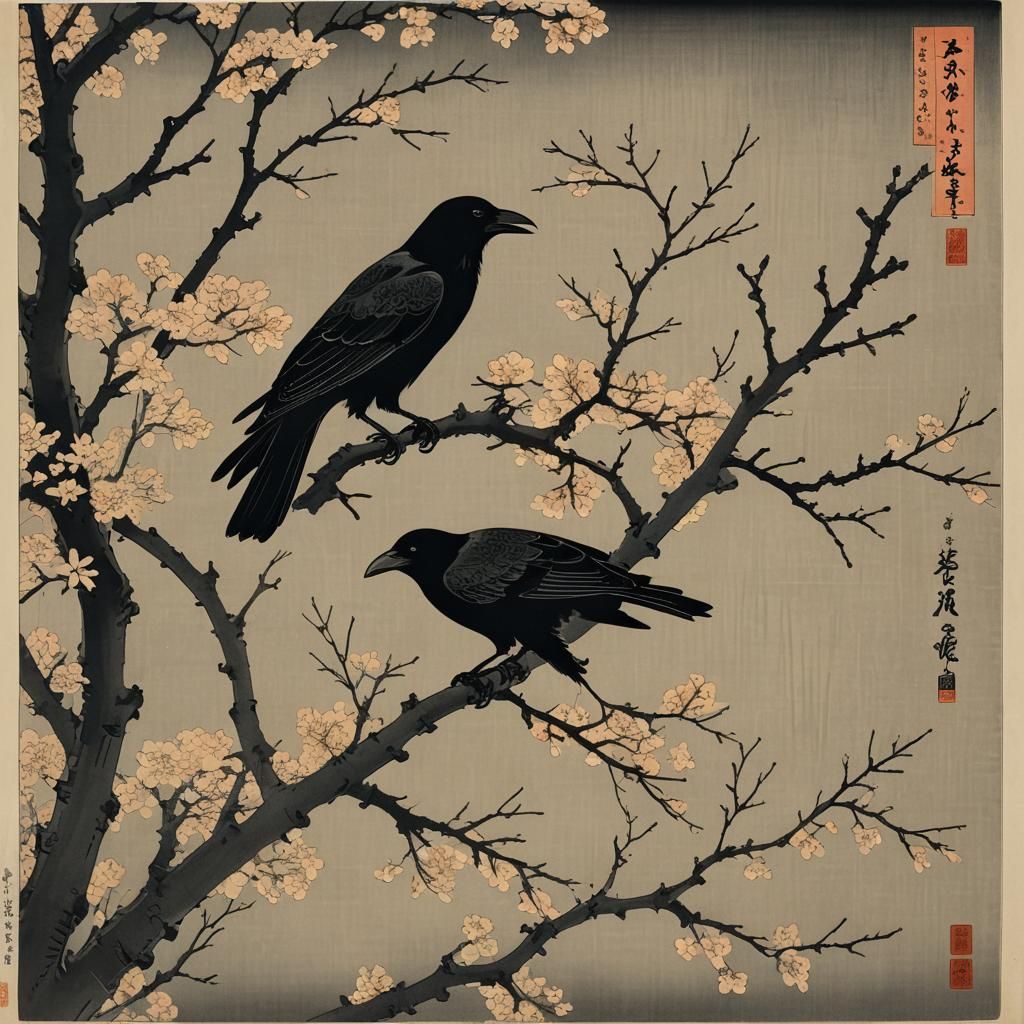 Crow on Branch at Nightfall: Ukiyo-e Autumn Scene