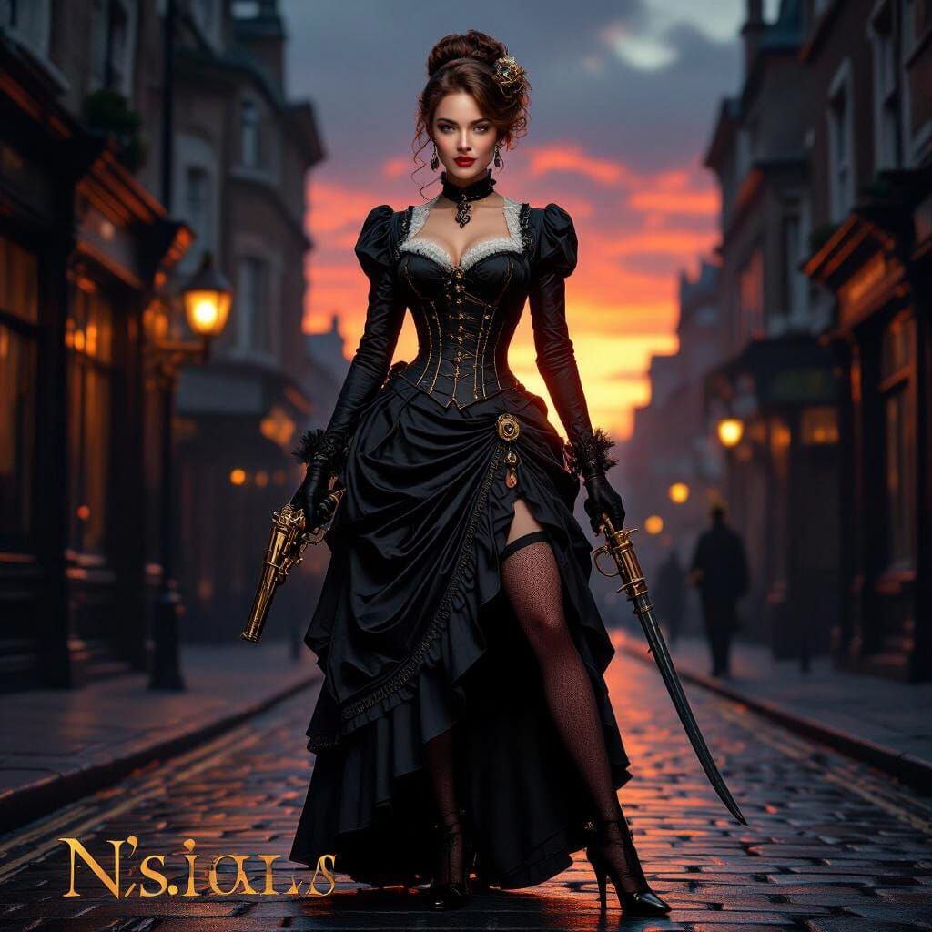 Steampunk Lady with Pistol and Sword in 1850 London