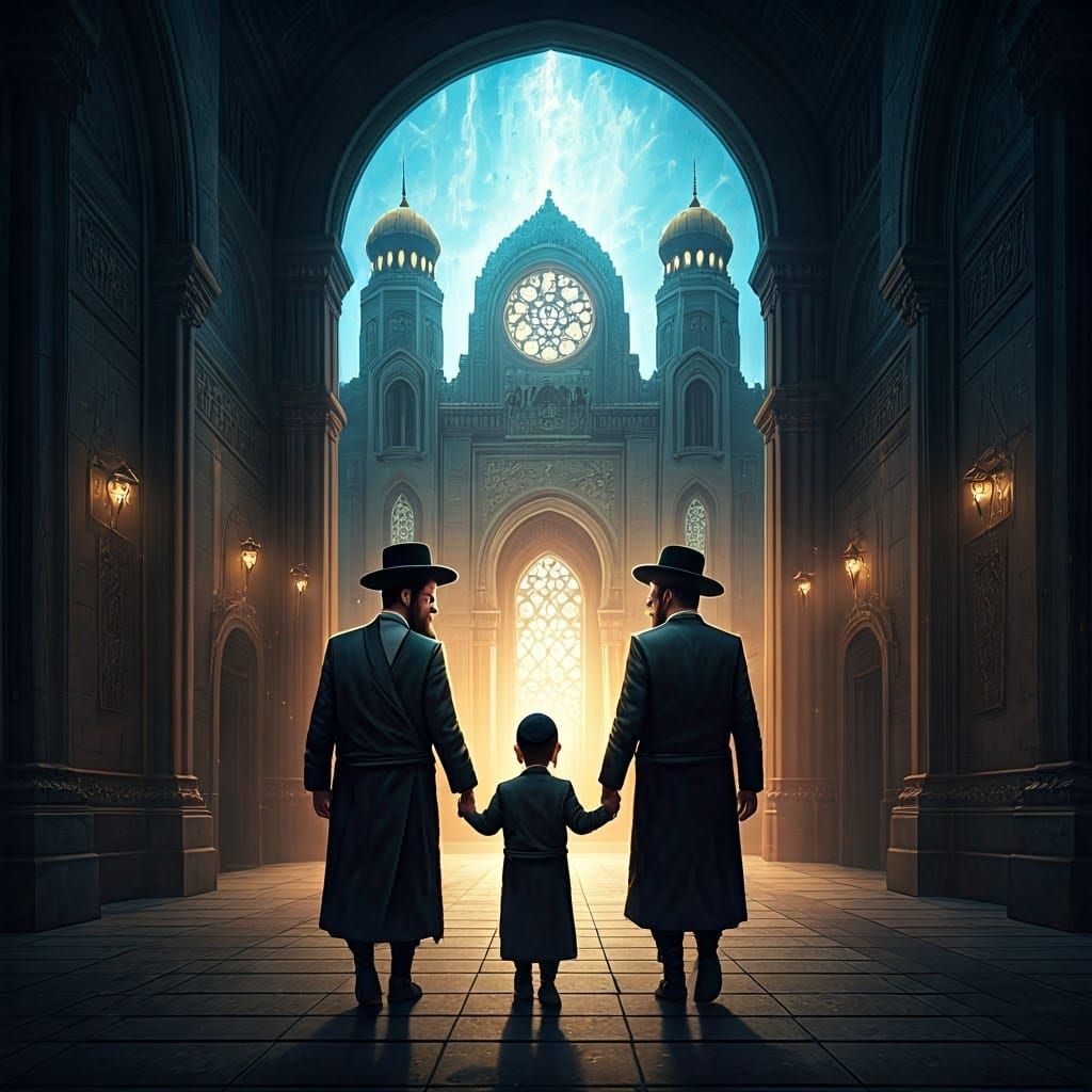 Two Jewish Men Walk Towards a Grand Synagogue with a Young B...
