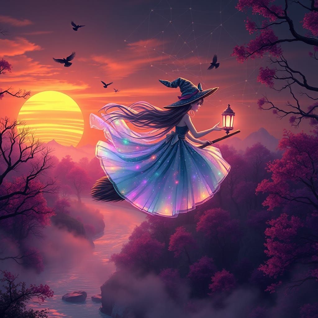 Kawaii Witch Zooming Through Eerie Landscape as Concept Art