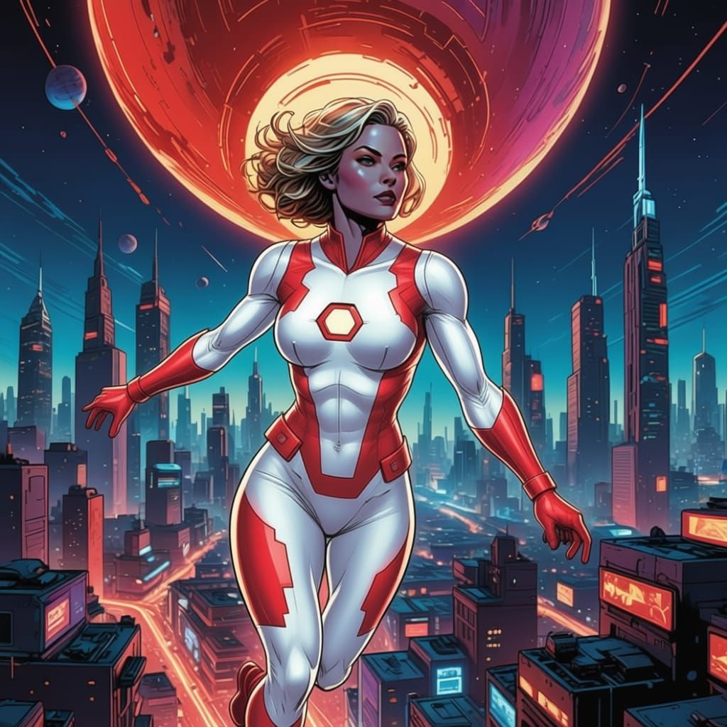 Comic Book Art of Saturn Girl in Red and White Suit