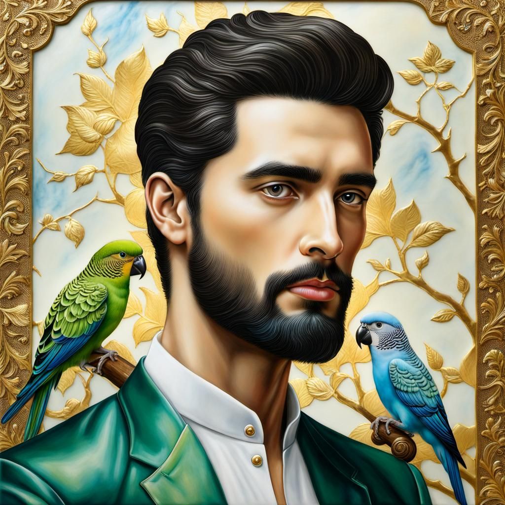 Handsome Man with Parakeet: 3D Encaustic Porcelain