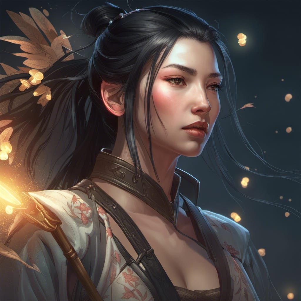 Chinese Warrior with Battle Staff in Moonlight