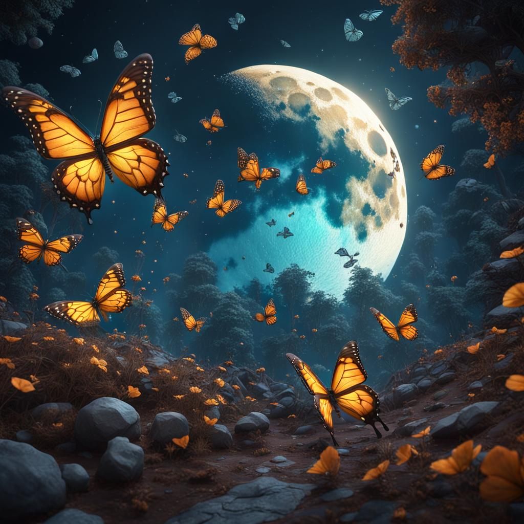 Butterflies Dance Around Moon in Detailed Fantasy Art