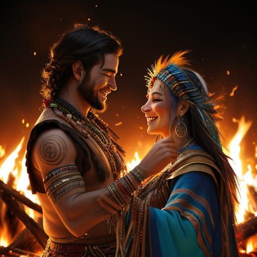 Happy Shamans Dancing Around a Warm Campfire