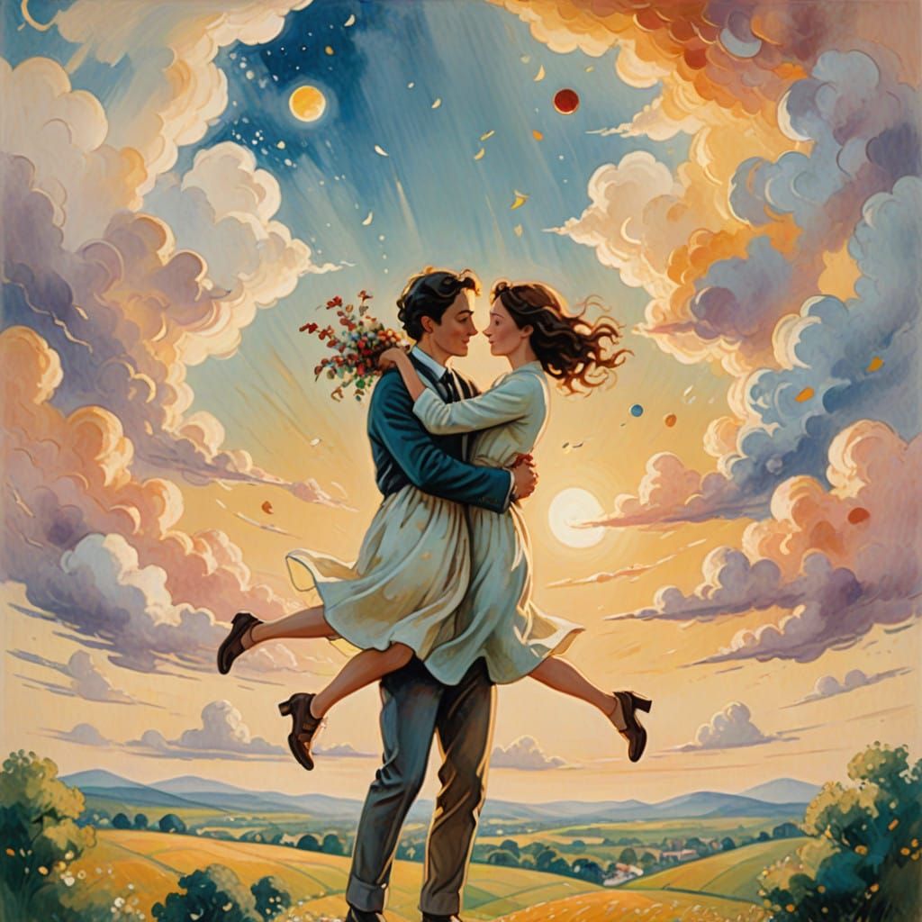 Whimsical Couple Soars Among Golden Clouds