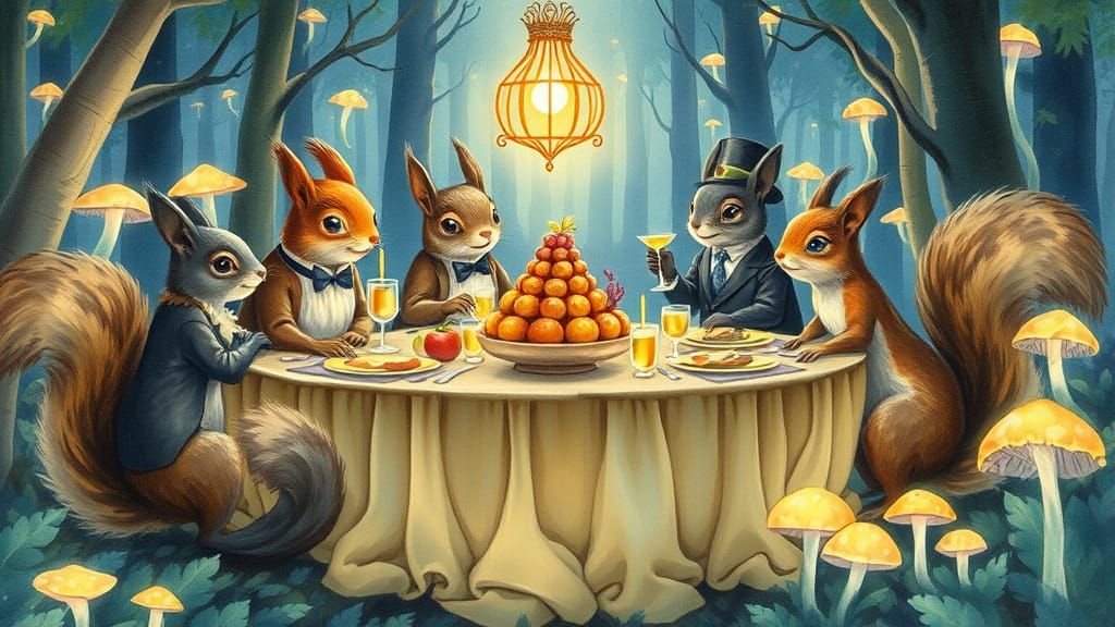 Anthropomorphic Squirrels' Feast in Bioluminescent Forest