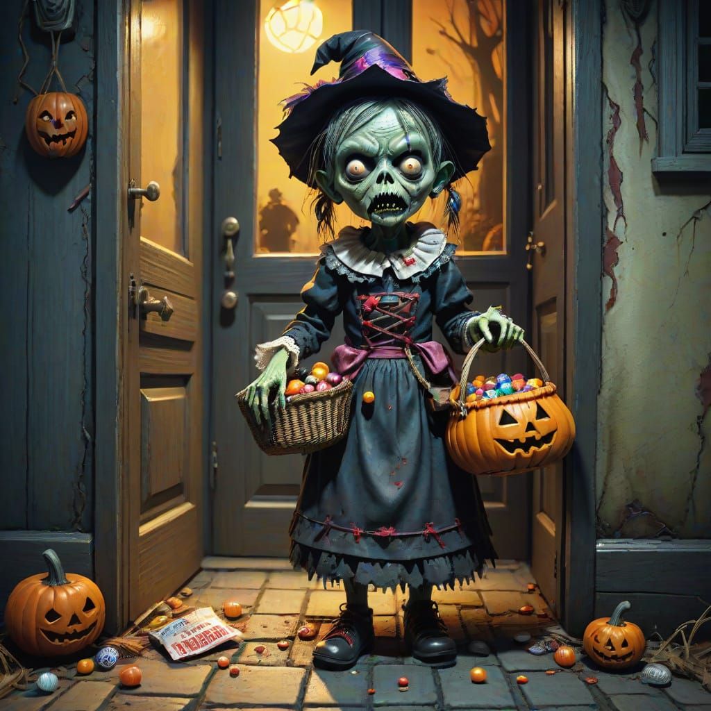 Cute Zombie Trick-or-Treater with Witch in Dark Fantasy Styl...