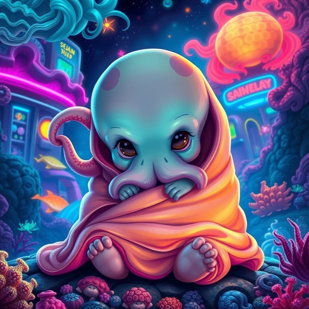 Cute Baby Cthulhu in Neon Underwater City