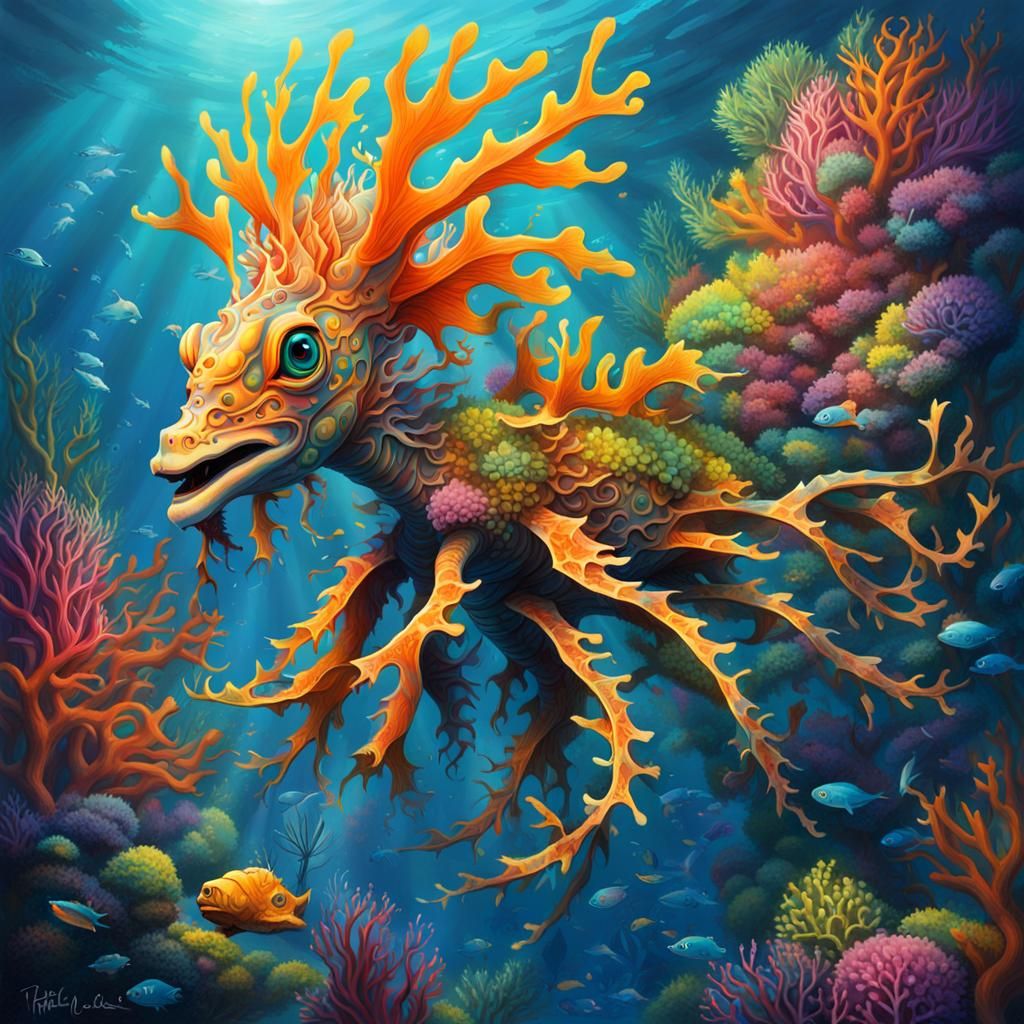 Leafy Seadragon in Coral Reef, Graffiti Art Style