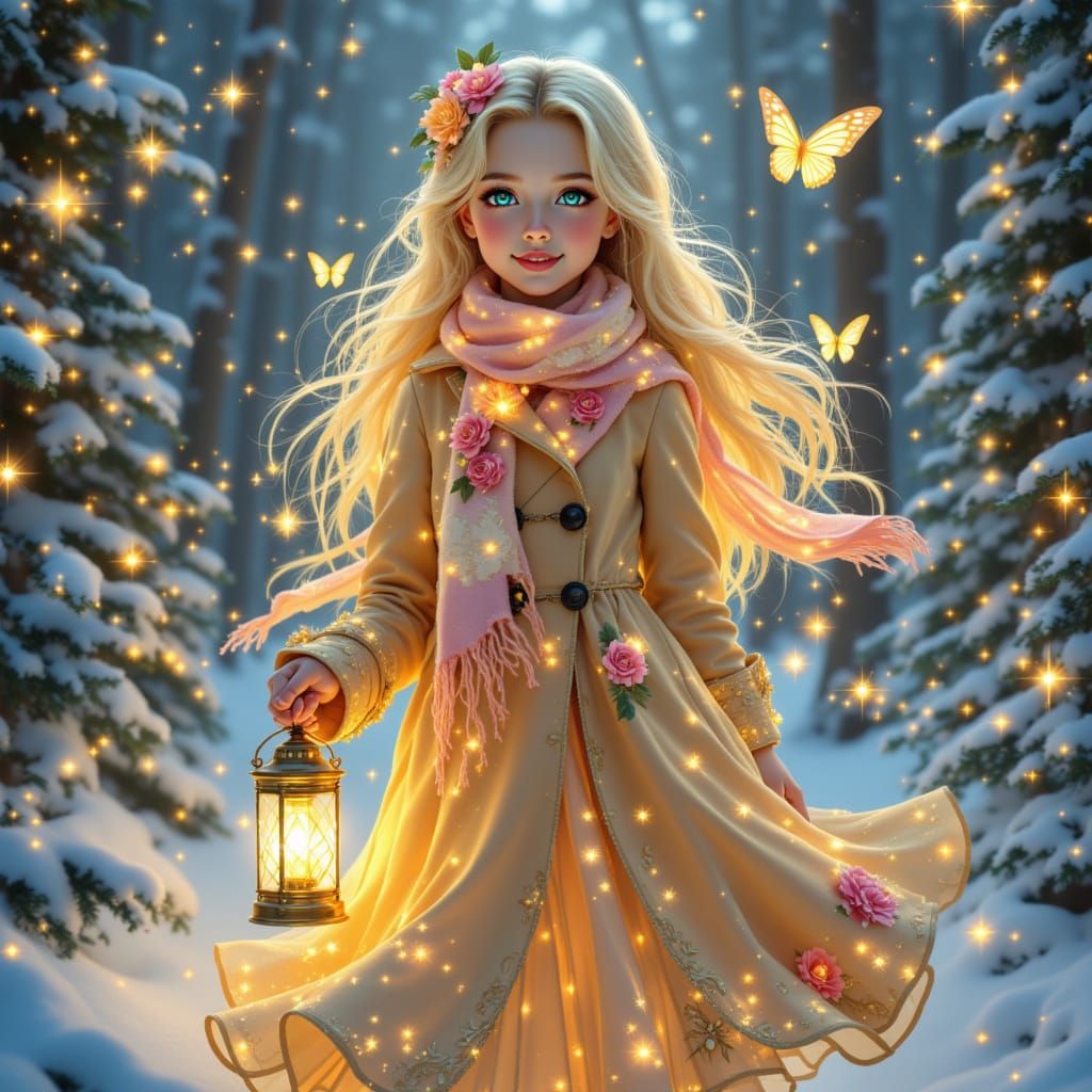 Whimsical Winter Girl with Glowing Lantern in Snowy Forest