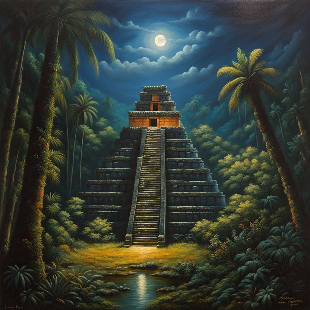 Mayan Temple in Jungle at Night: Oil Painting