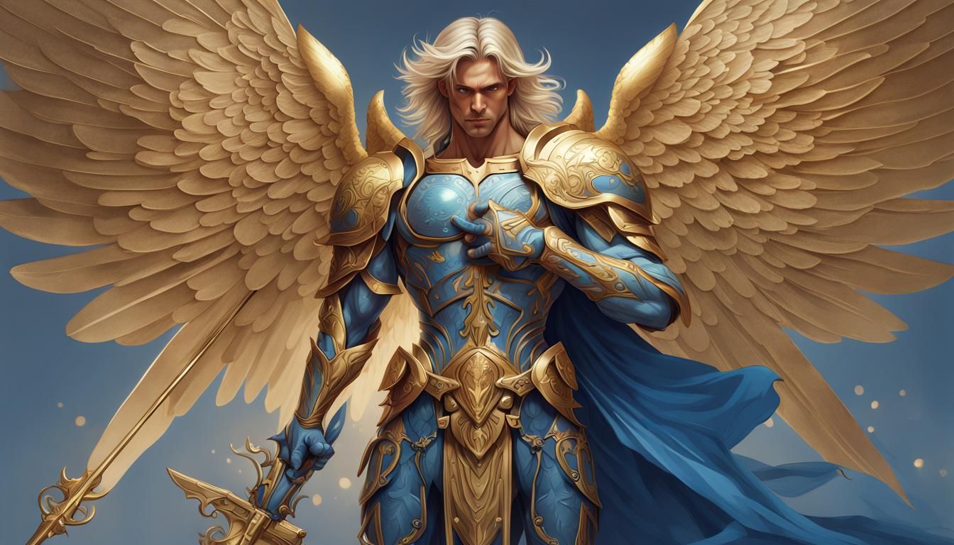 Angel in Golden Armor with Sword, Hyperrealistic Illustratio...