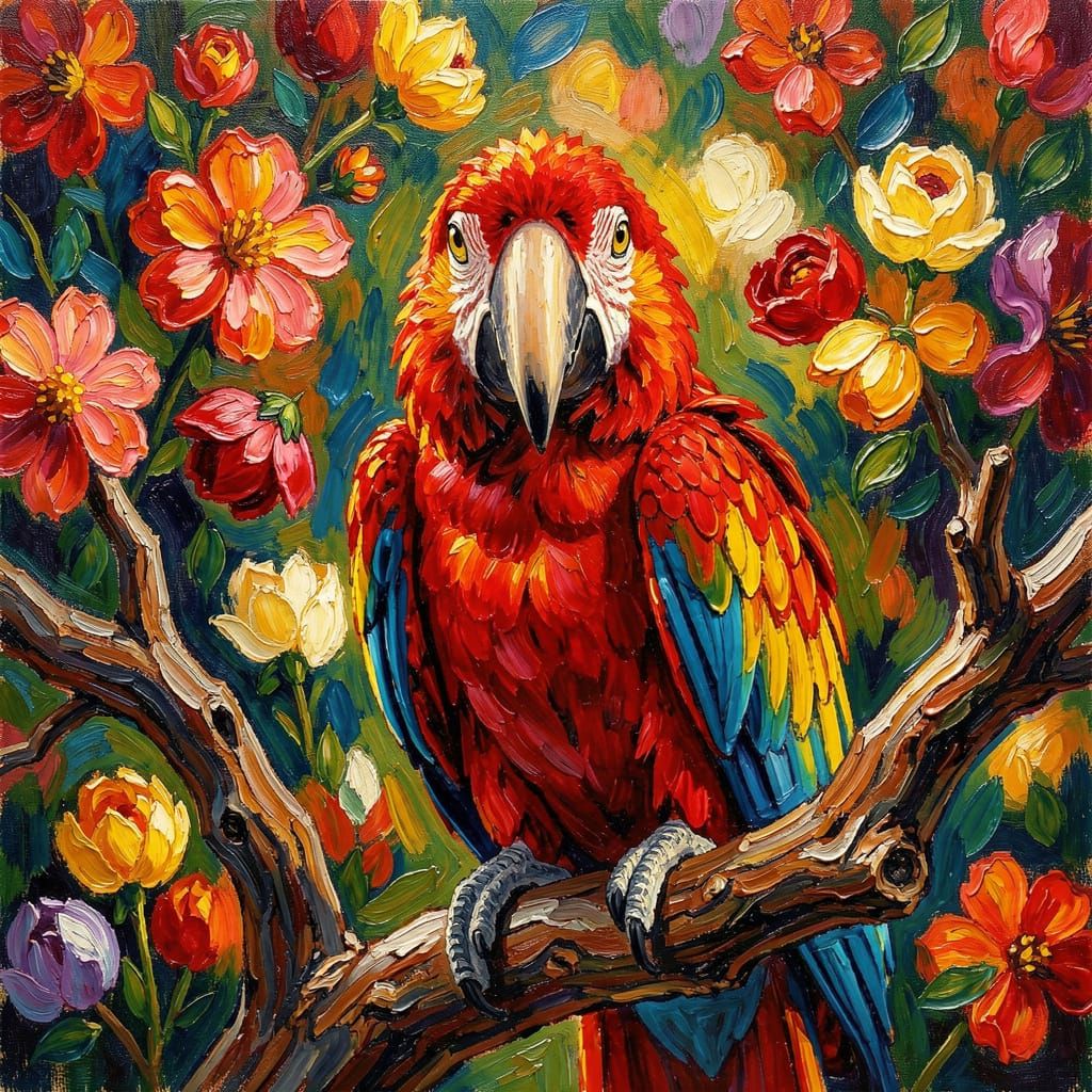 Scarlet Macaw Portrait with Textured Impasto Style