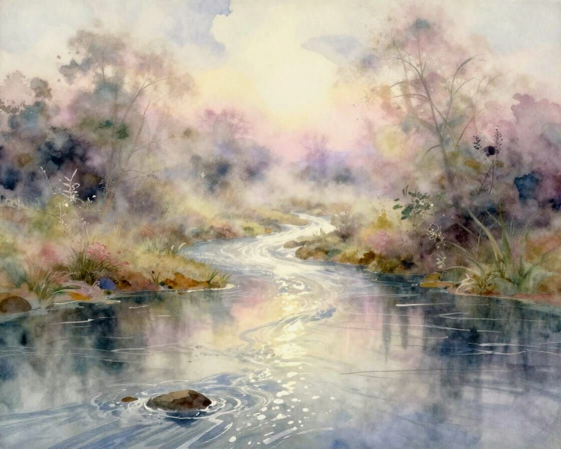 Dreamlike Watercolor River in Misty Landscape