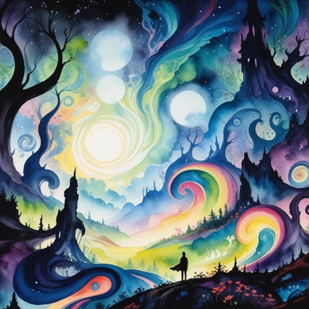 Dreamlike Forest Figure in Vibrant Watercolor and Ink Style