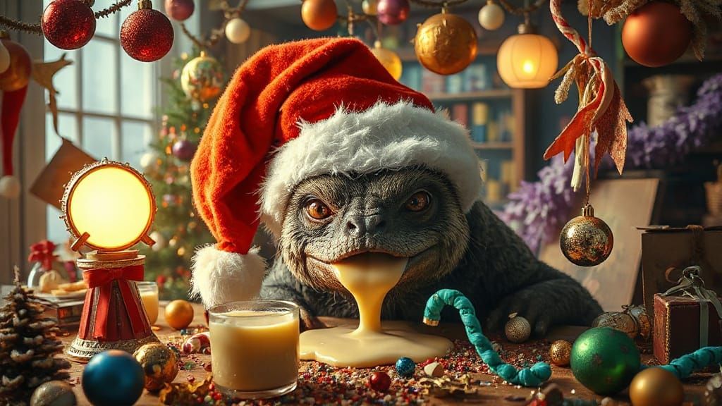 Whimsical Creature in Chaotic Christmas Scene