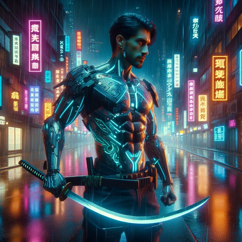Cyberpunk Samurai on Rain-Soaked Street