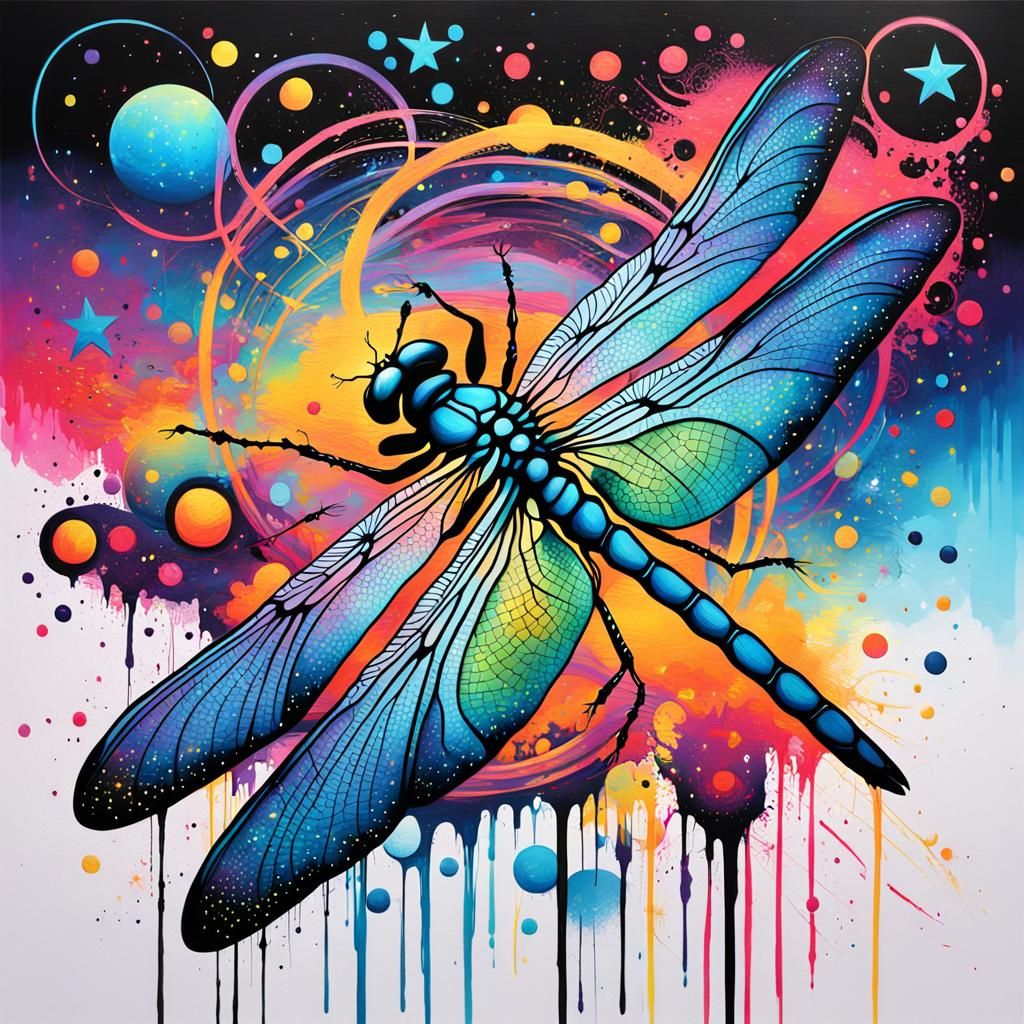 Psychedelic Dragonfly in Dawn Sky, Graffiti Art