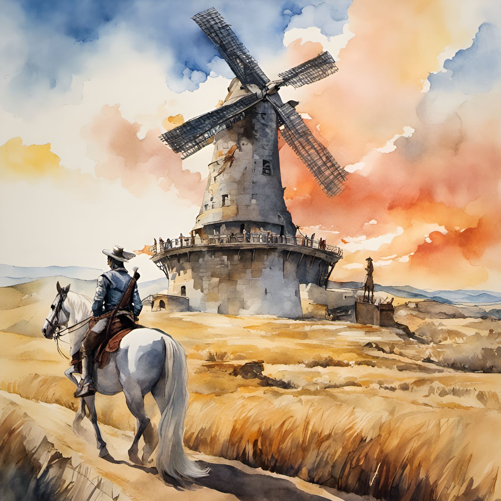Don Quixote and the Windmill: Watercolor Illustration