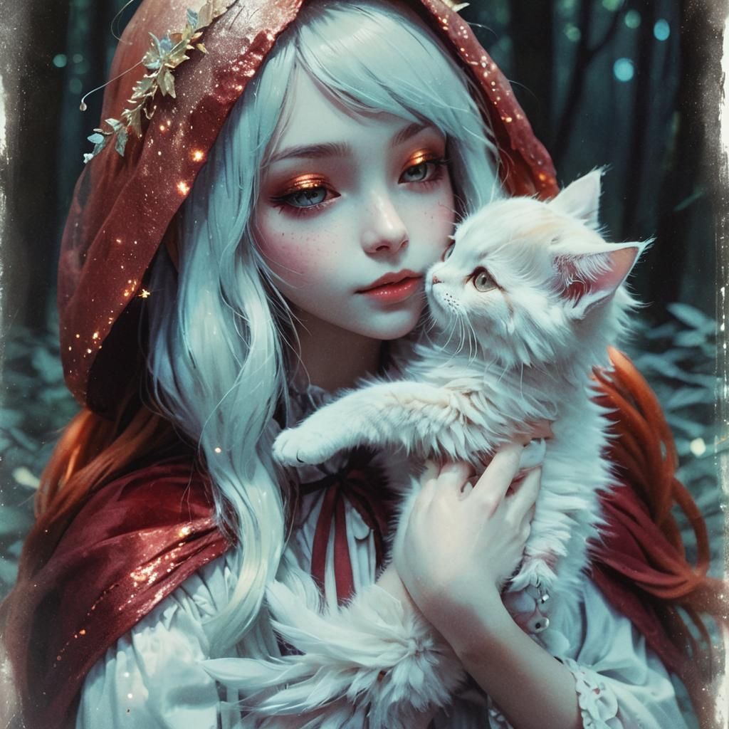 Fairy Girl with Cat in Whimsical Forest