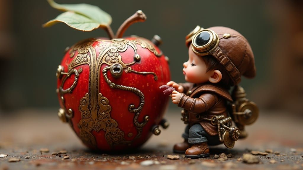 Steampunk Boy and Mechanical Apple with Worm
