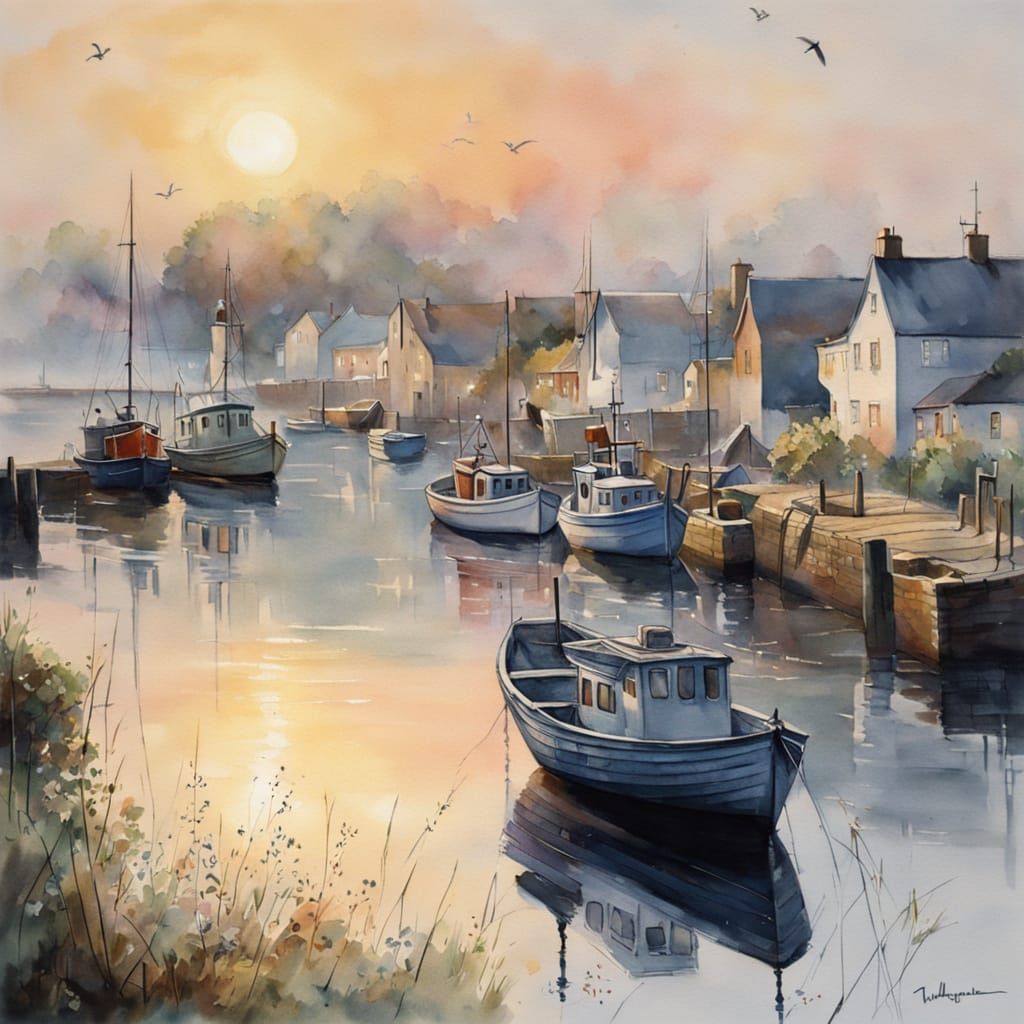Cornish Harbour Sunrise in Watercolour
