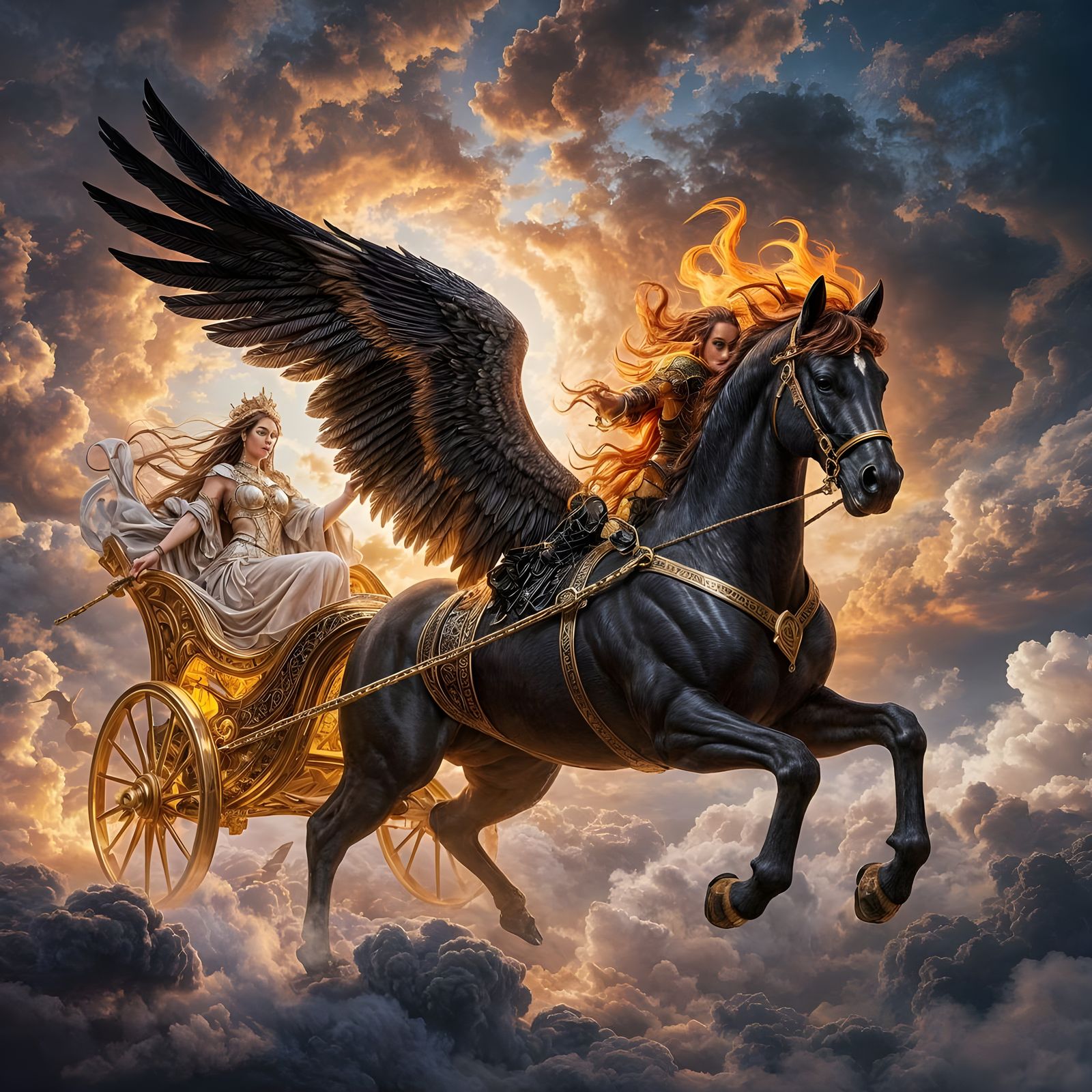 Fiery Winged Horse Pulls Goddess Across Sky in Fantasy Style