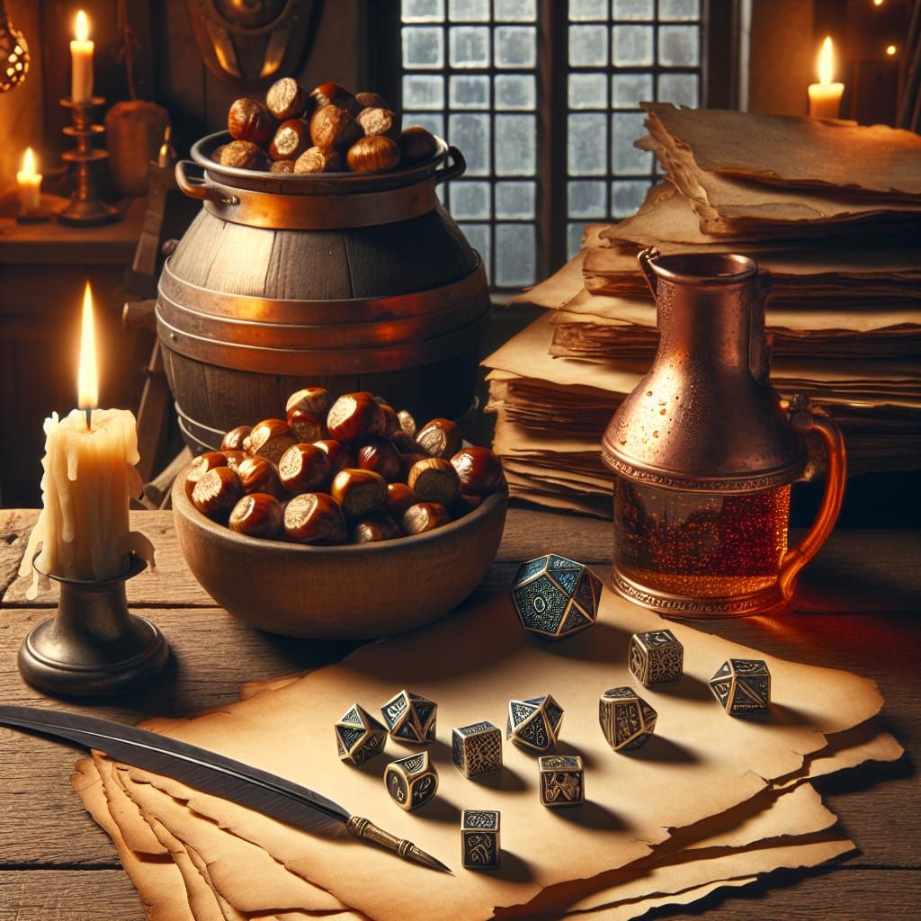 Cozy Cottagecore Scene with Dice and Ale