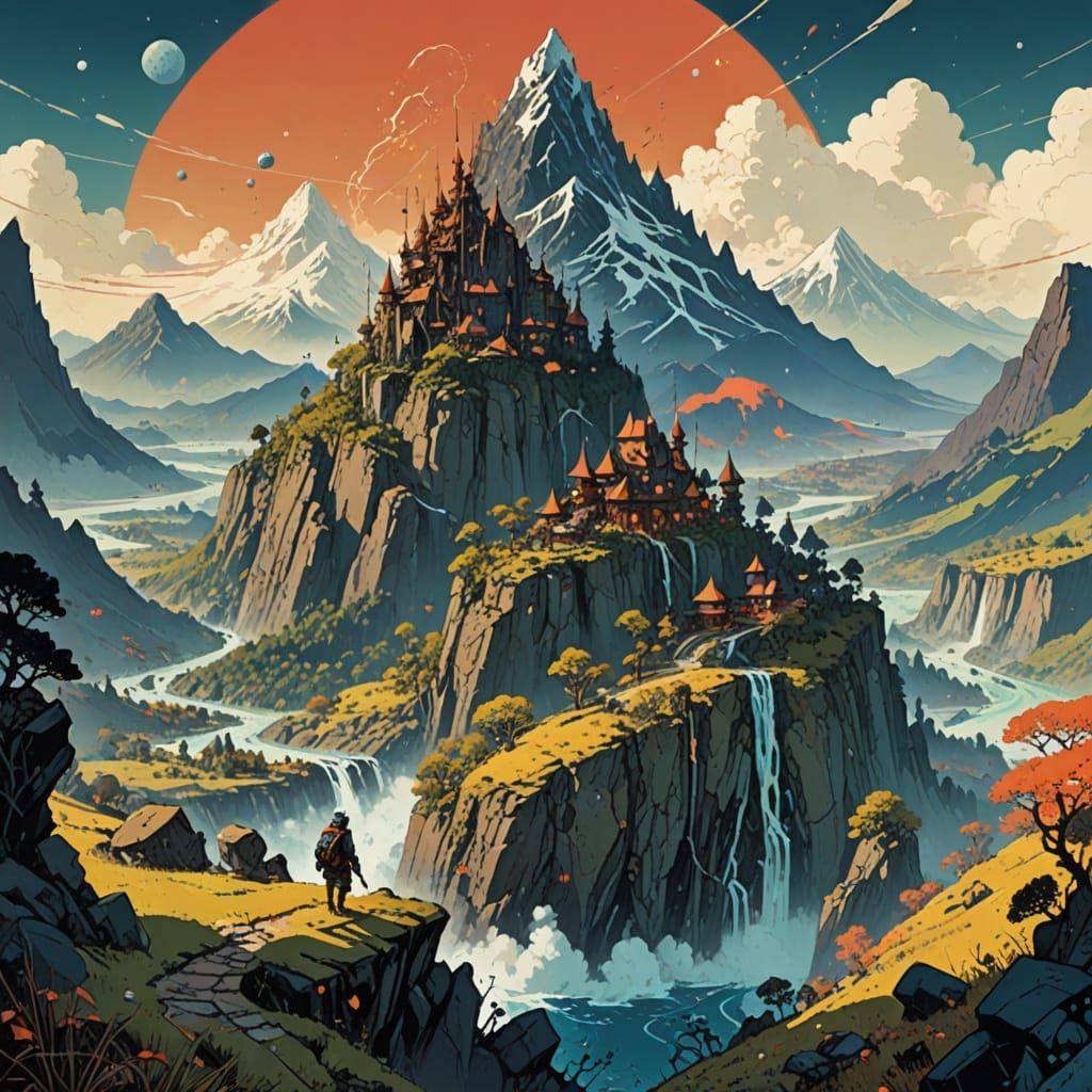 High Fantasy Mountain City in Hyperdetailed Photography