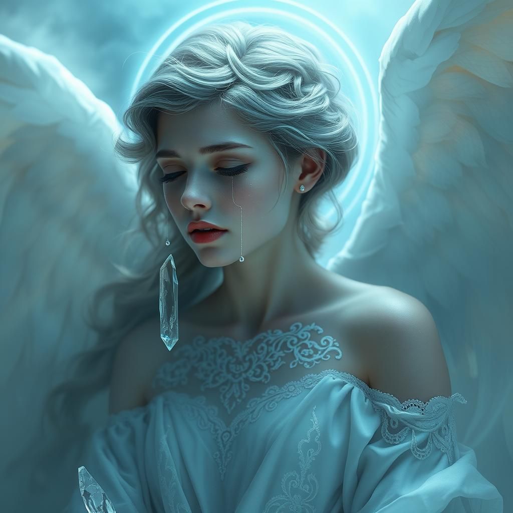 Ethereal Angel Weeping Crystal Tears: Dark Fantasy Art