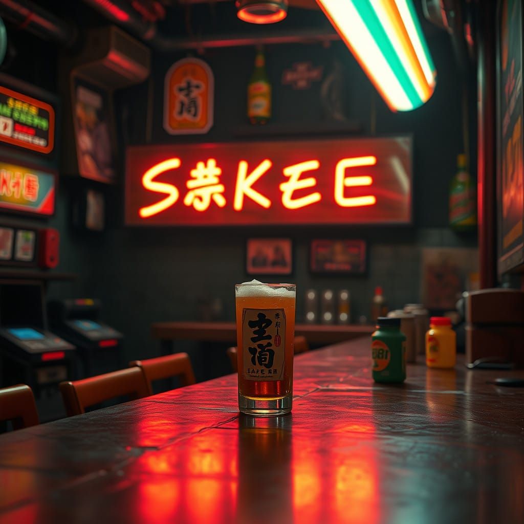 Retro-Futuristic Arcade Bar Scene with Sake Bomb
