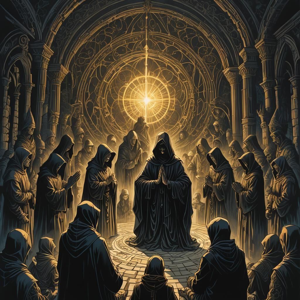 Mystical Prayer Circle in Gothic Setting