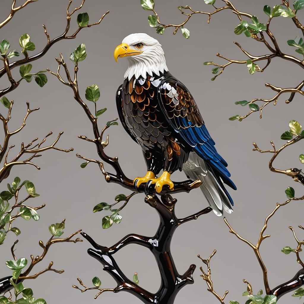 Enameled Glass Eagle Figurine on a Limb