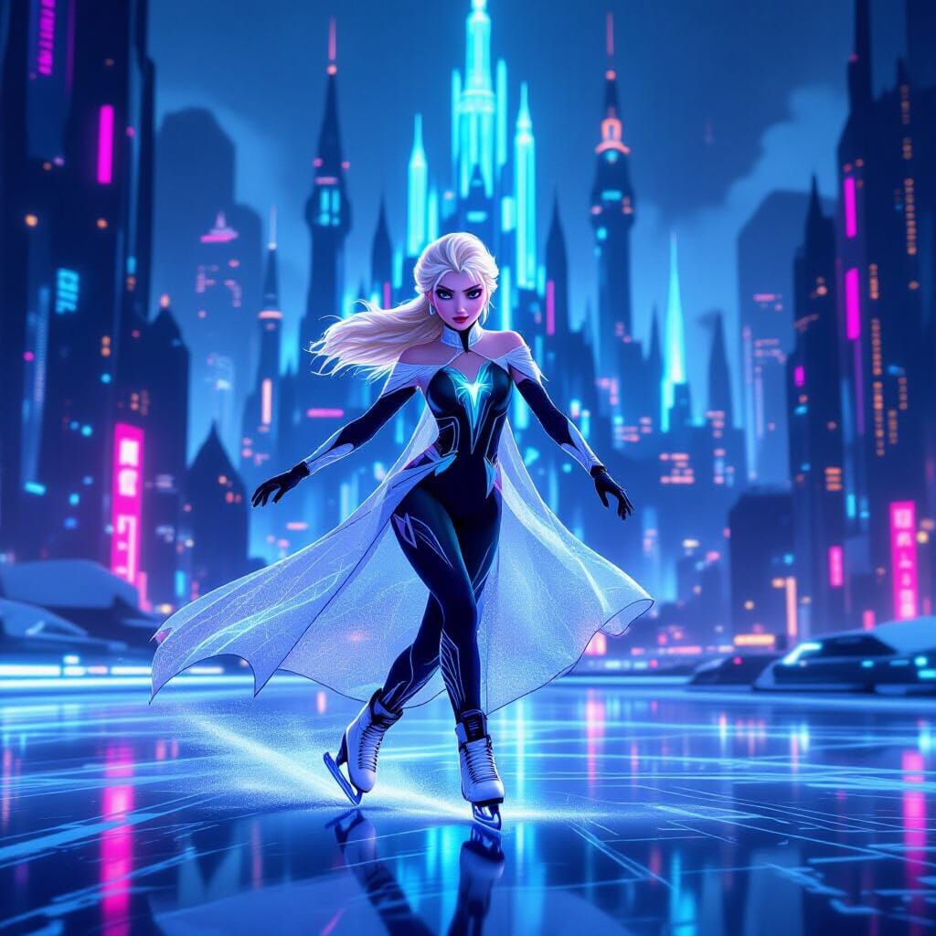 Cyberpunk Elsa Ice Skating in Dystopian Castle