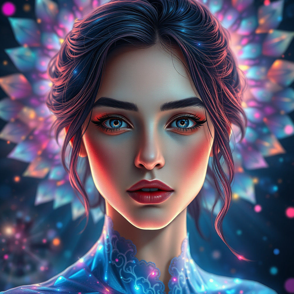 Ethereal Woman Portrait in Watercolor Broken Glass Style