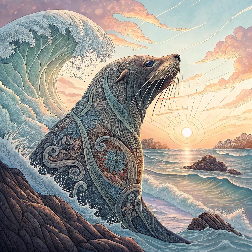 Surreal Sunrise Sea Lion in Abstract Fractal Embroidery