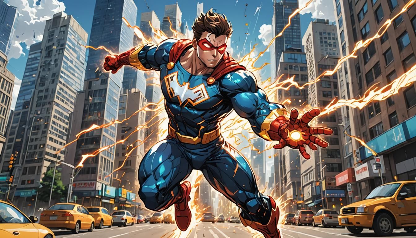 Anime-Style Superhero soars through City Streets with Electr...