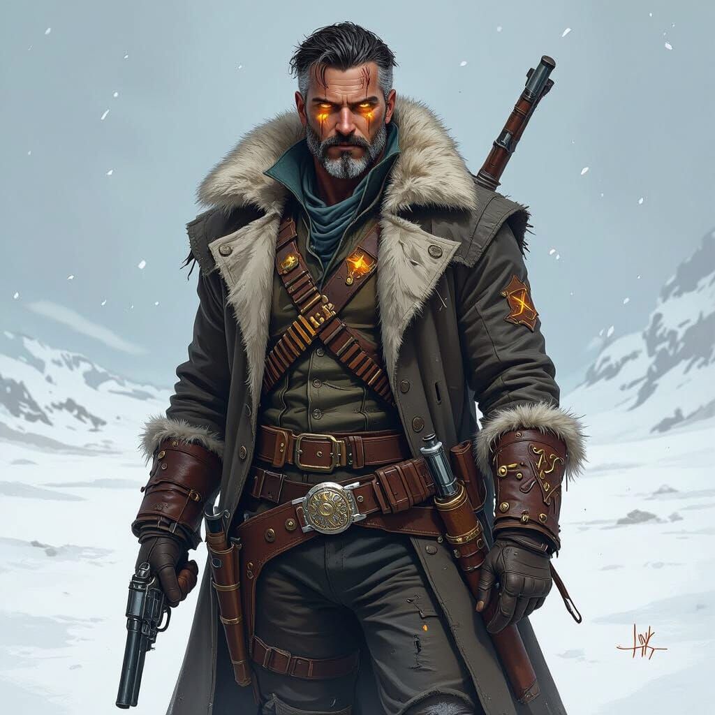 Fantasy Ranger in Frozen Tundra, Hand-Drawn Style