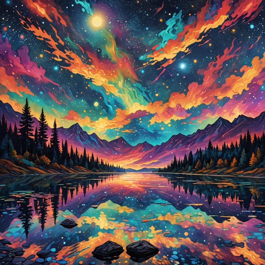 Cosmic Starry Night Sky Reflected in Lake