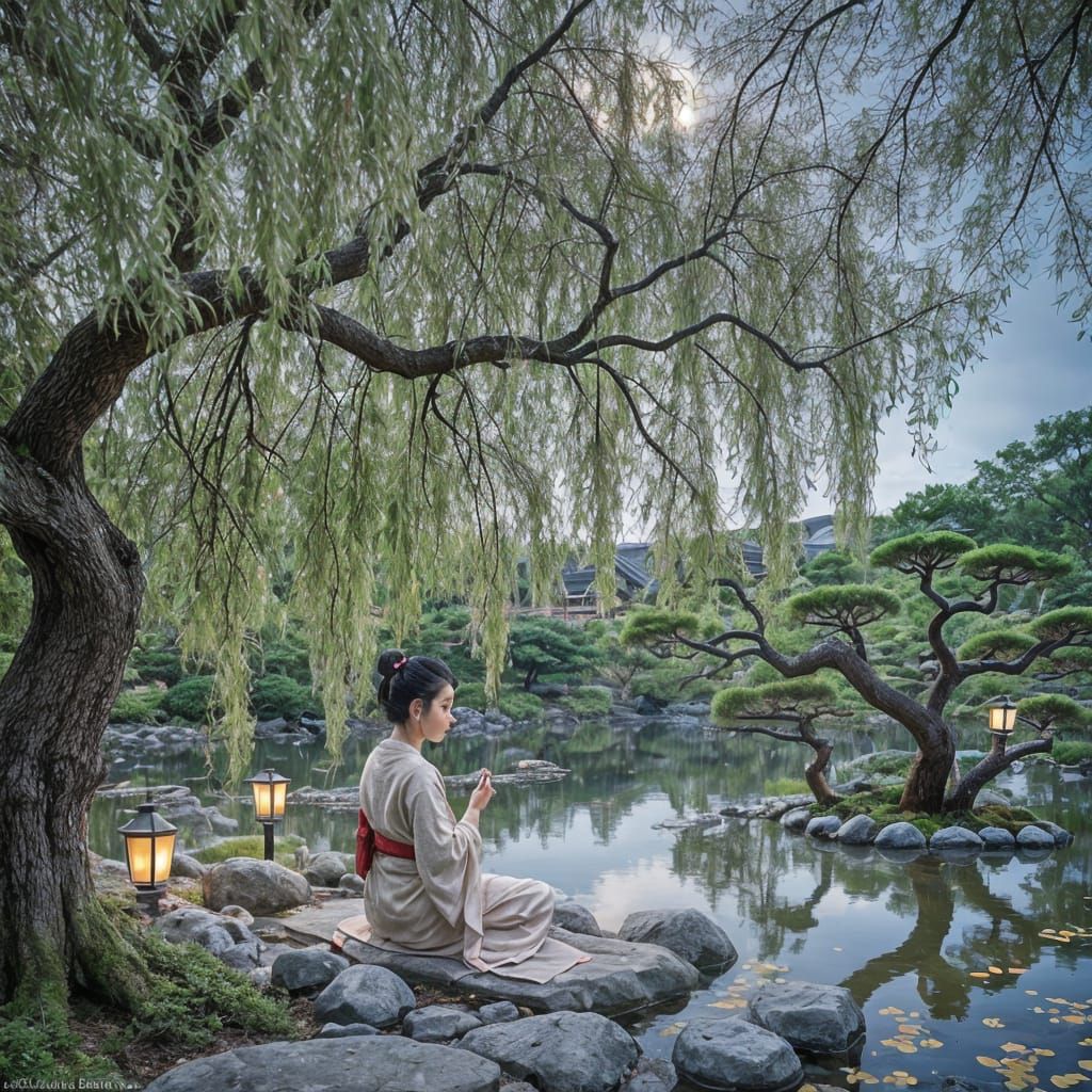 Moonlit Geisha in Serene Japanese Garden