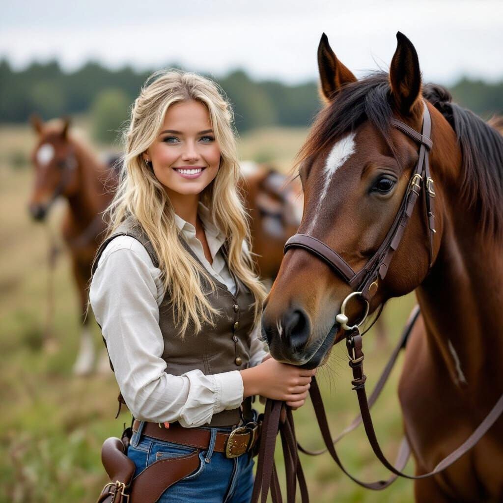 Girl and Horse in Western Landscape Style