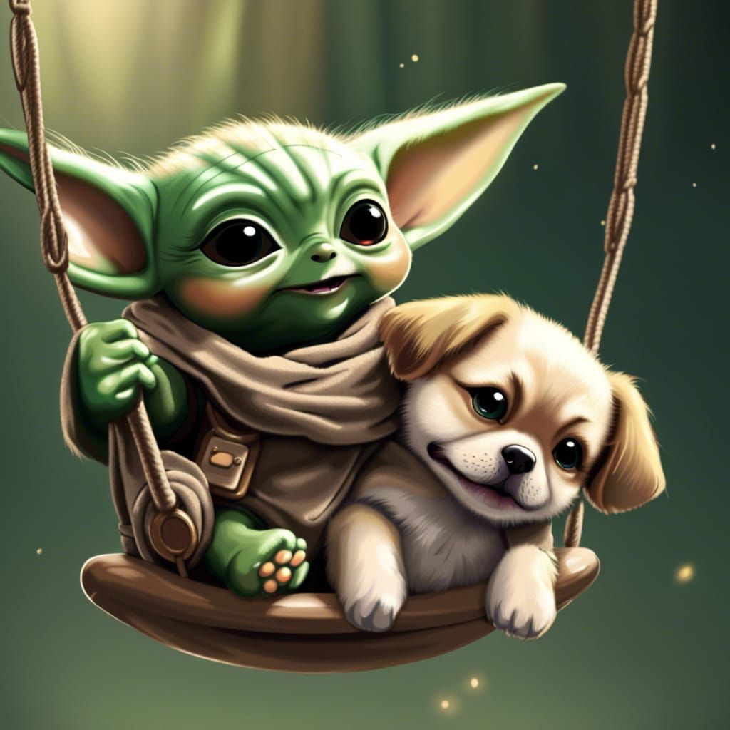 Baby Yoda and Puppy's Joyful Swing