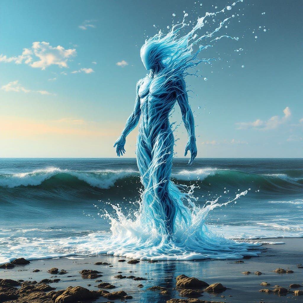 Water Figure on Ocean Shore in Fluid Surrealism