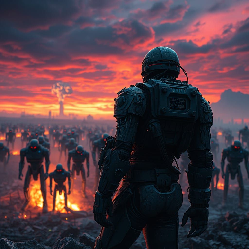 Cyberpunk Jager Battles Terminators in Dystopian Cityscape