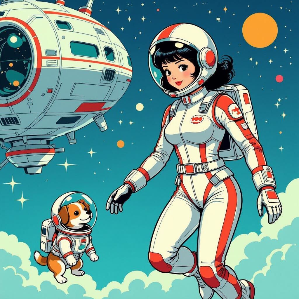 Retro Space Girl and Dog in Manga Style