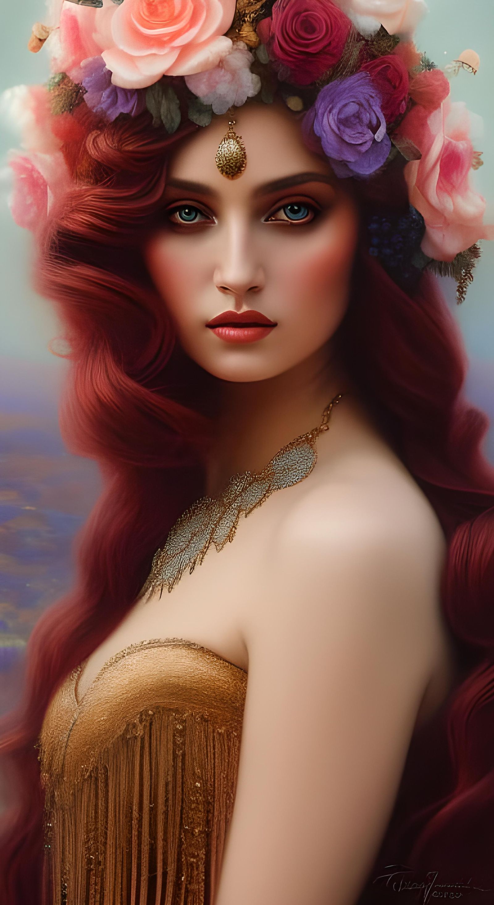 Portrait Of a wavy haired ethereal gothic queen goddess surr...