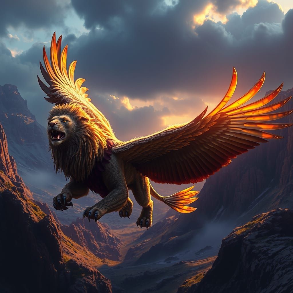 Majestic Griffin Soaring Through a Dark Fantasy Valley